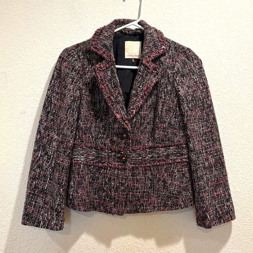 Rebecca Taylor Pink Multi Tweed Two Button Front Fringe Blazer Jacket Size 4